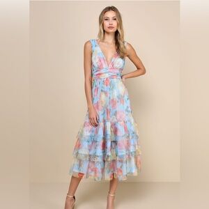 NWT Lulus Blue Floral Tulle Tiered Ruffled Midi Dress, size medium